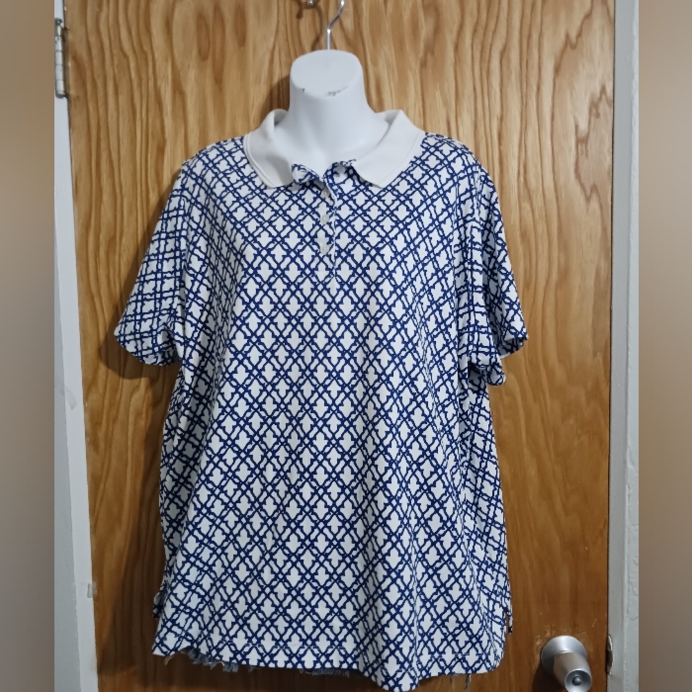 Lands End Womens Classic Fit Pima Cotton SS Polo Blue White Print 2X